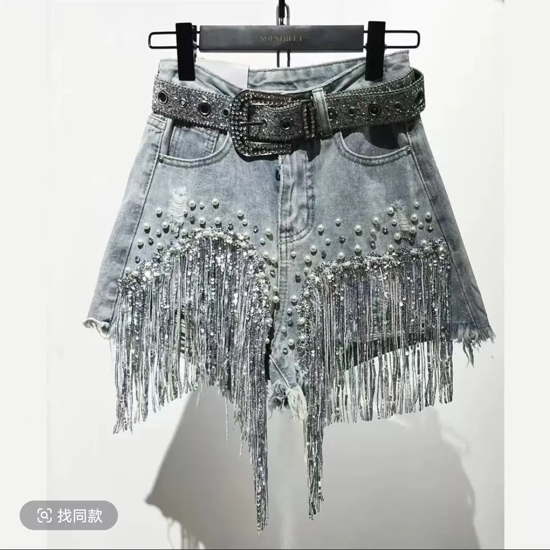 

Embellished Beaded Sequin Fringe Shorts Women High Waisted Raw Hem Clean Denim Short Shorts Summer​