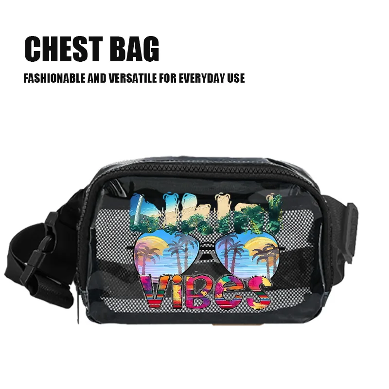 transparent waist bag shoulder bag with inside mesh pocket summer holiday pattern design zipper closure