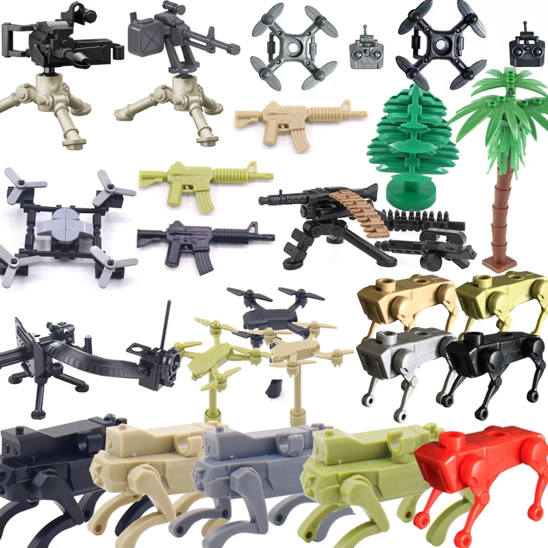 Akcesoria do budowania scenerii militarnych z okresu II Wojny Światowej: klocki konstrukcyjne, ciężki karabin maszynowy, robot, drzewo wilka, model drona UAV, baza wojskowa, ogrodzenie, klocki MOC, zabawki.