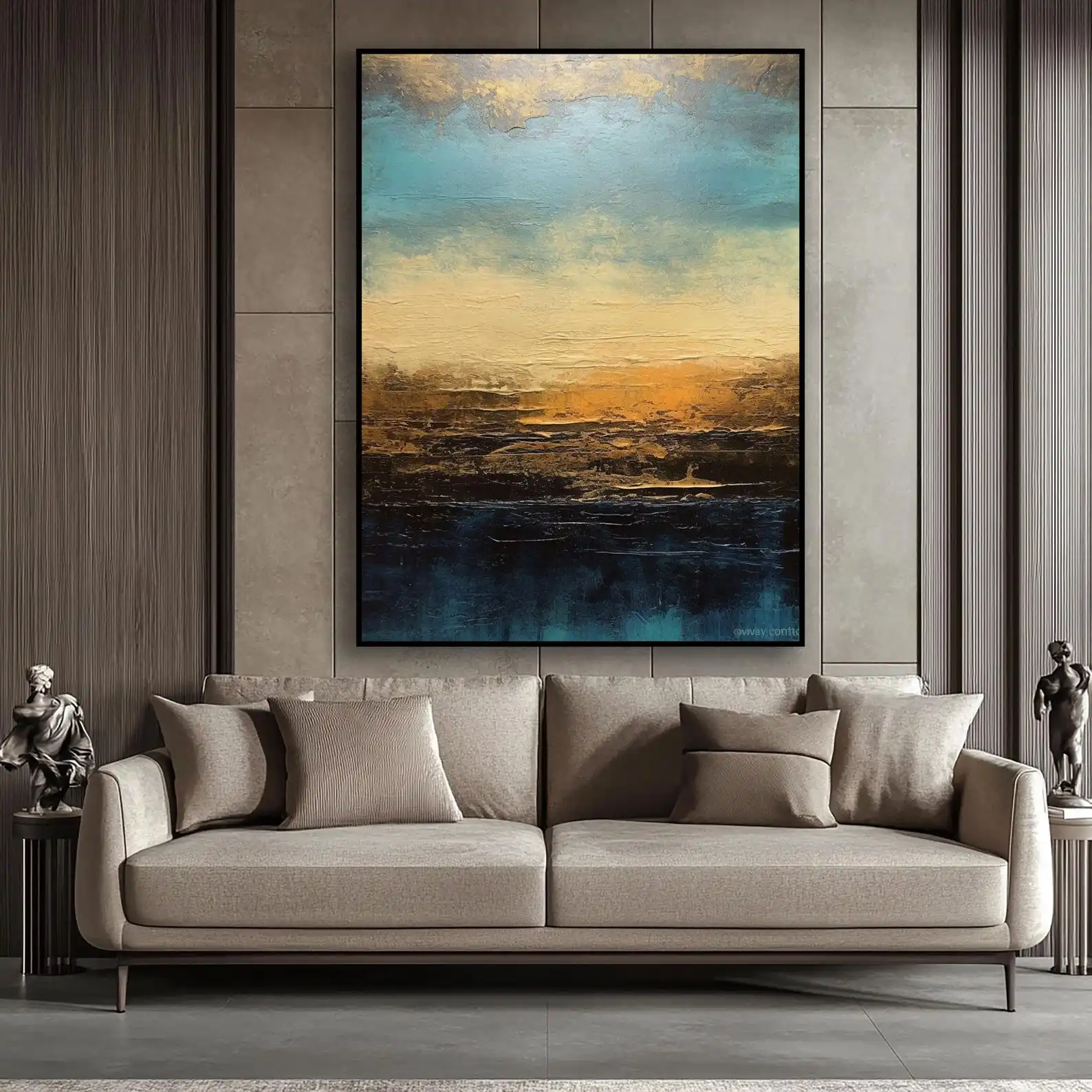 Mhemyo Hand-Painted Abstract Seascape Oil Painting Gold Blue  Layered Paint Textured Modern Wall Art For Living Room Home Decor