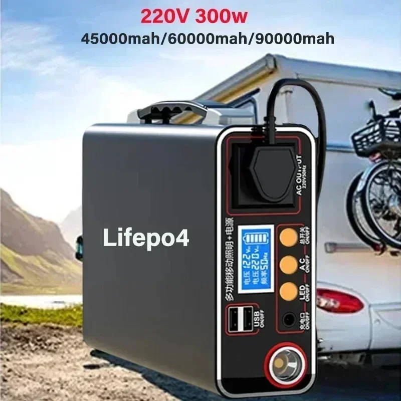 LiFePO4-Portable Power Bank, Camping ao ar livre, Display LED, Carregamento de Emergência Doméstica, Fonte de Alimentação Backup, 220V, 300W, 90000mAh