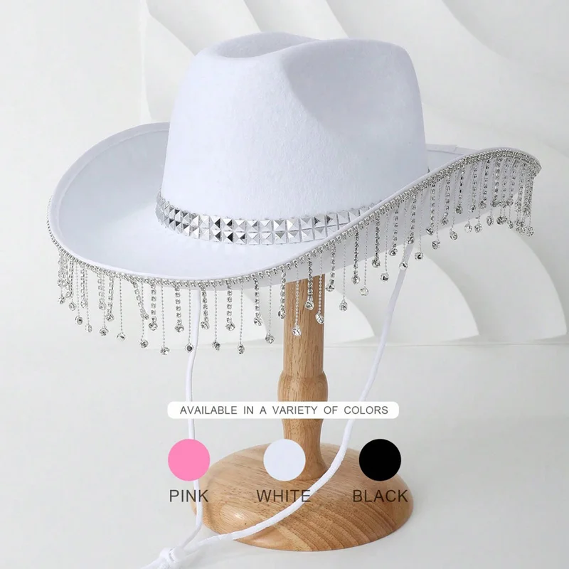 Combhasaki Women's Sequined Cowgirl Hat Western Hats with Rhinestone Tassels for Wedding Rave Party Travel Costume Accessories