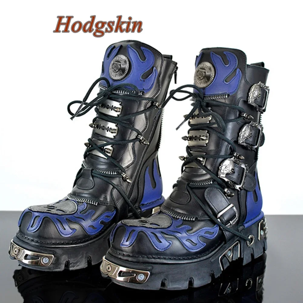 Metal Decoration Belt Buckle Boots Mid Calf Patchwork Chunky Heel Elastic Band Round Toe Boots Fashion Casual 2025 Newest Boots