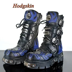 Metal Decoration Belt Buckle Boots Mid Calf Patchwork Chunky Heel Elastic Band Round Toe Boots Fashion Casual 2025 Newest Boots