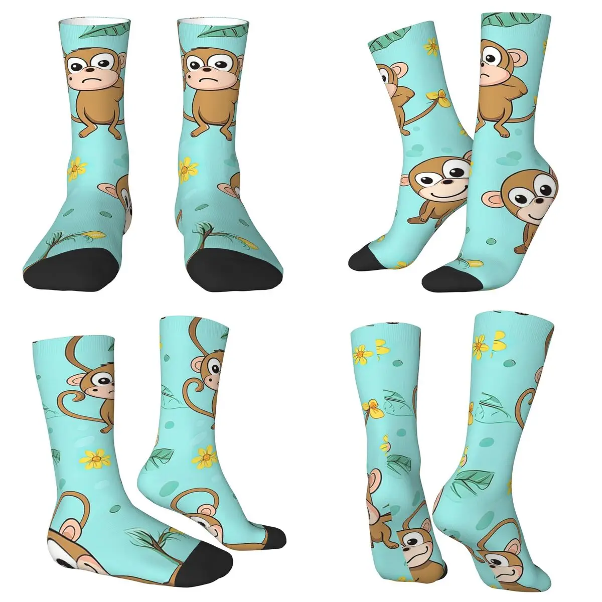 All Seasons Crew Stockings Cartoon Monkey With Leaves Pattern Socks Casual Long Socks for Men Women Valentine's Day Gifts