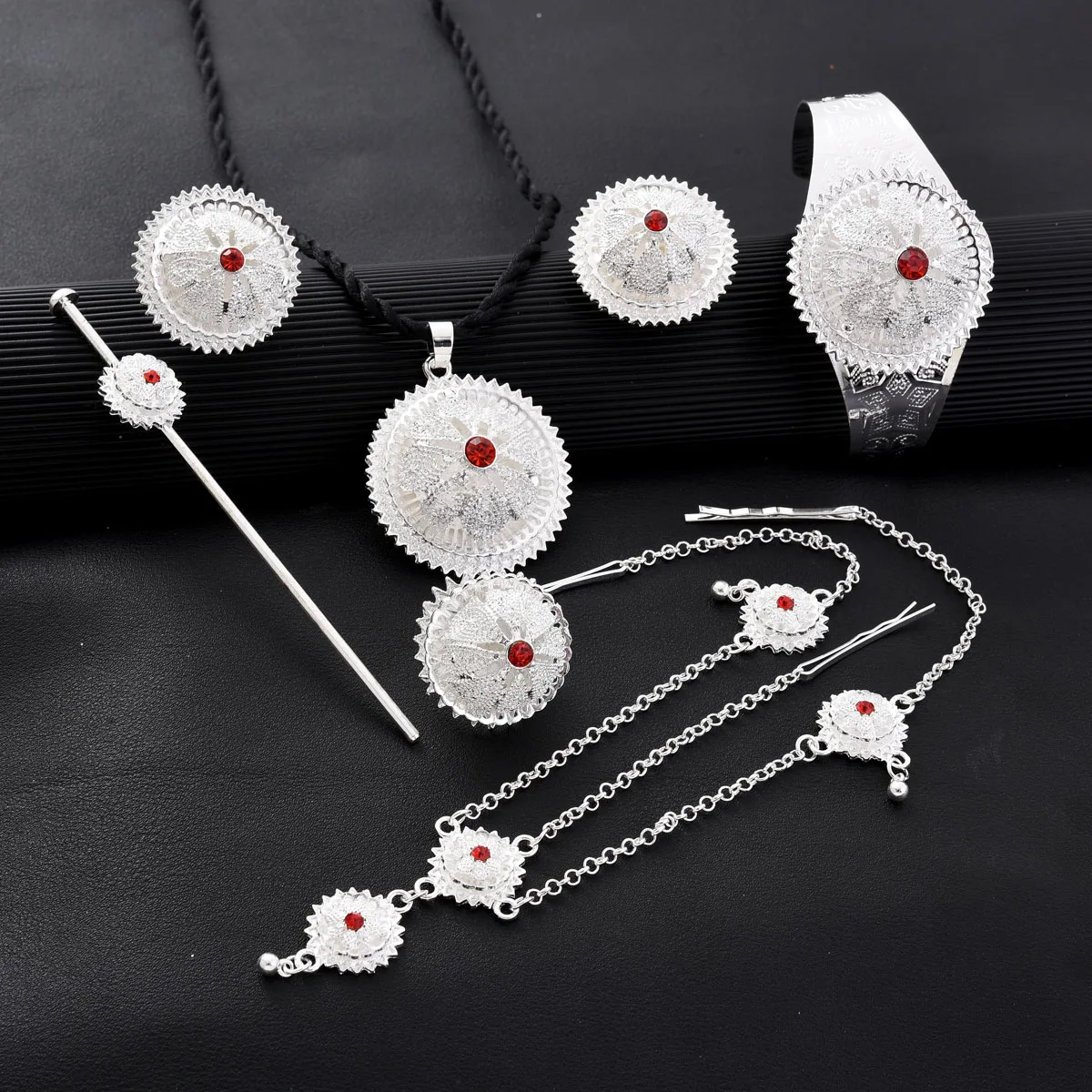 Ethiopian Jewelry sets Pendant Hairpin Necklace Earrings Bangle Ring Sets African Eritrean Wedding Engagement Ethnic Gifts #132