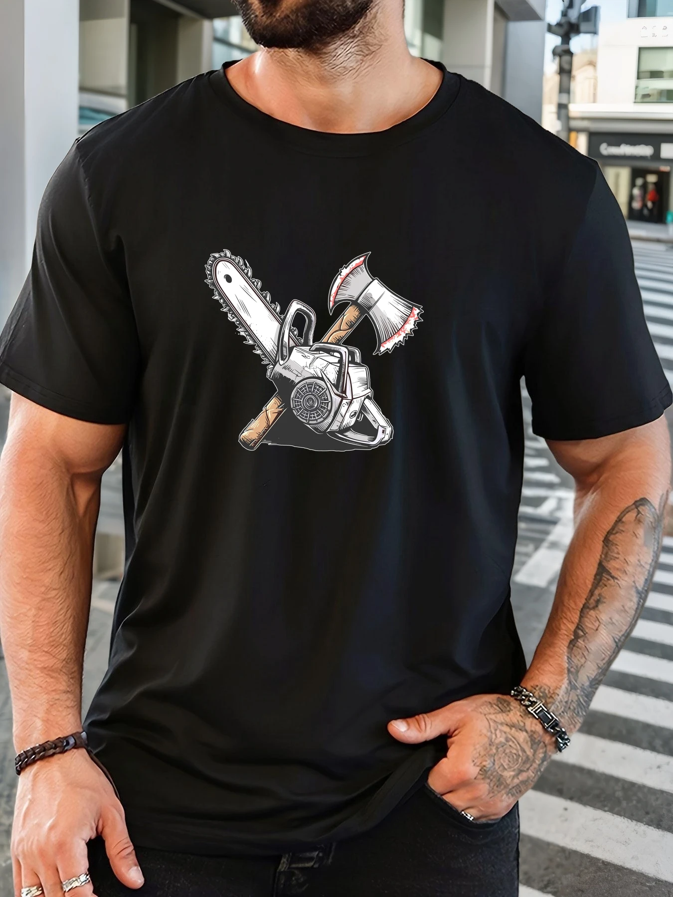 New Men Khaki Crew Neck Tee Crossed Chainsaw and Axe Lumberjack Woodworking Tool Vintage Sketch Graphic Soft Cotton Male Tops