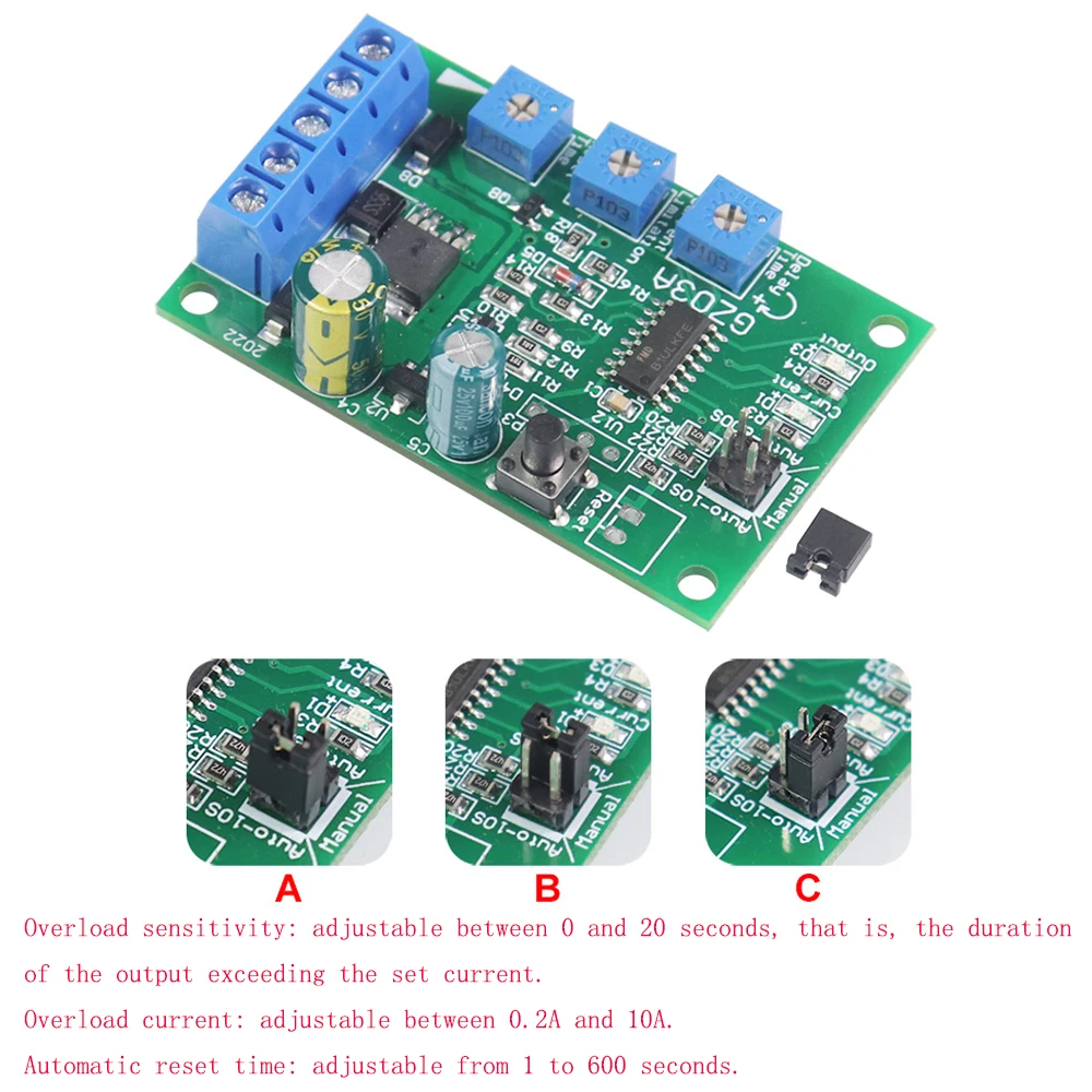 

DC Motor Overcurrent Protector Module 6V 12V 24V with Alarm Output Overload Current/Sensitivity Automatic Adjustable Reset Time