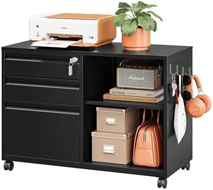 3 Drawer File Cabinet with Lock,Mobile Lateral Filing Cabinet with Side Hook for Letters/Legal/A4, Metal Printer Stand