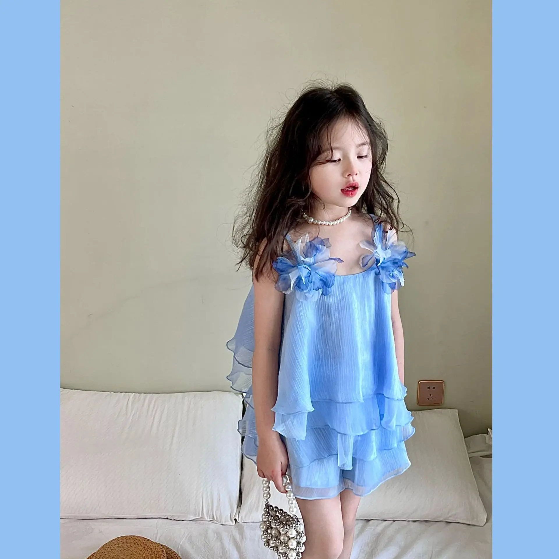 2024 Summer New Girls Suit Vacation Fashion Baby Children Chiffon Flower Suspender Trouser Skirt Suit Fashion Romantic