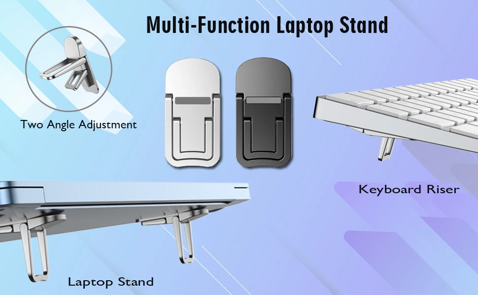 Soporte portátil multifuncional para ordenador portátil en plata y negro, fabricado en aleación de aluminio, con ángulos ajustables para un apoyo ergonómico en un diseño de elevador mini portátil para ordenador portátil.