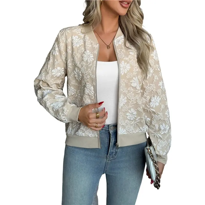 ABGR-Chaqueta de mujer de manga larga con cremallera prendas de vestir exteriores florales abrigos casuales suaves de otoño caqui XXL