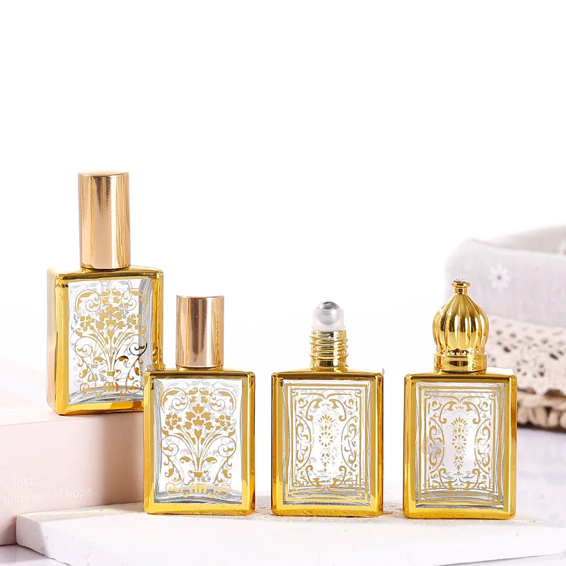 15ml Gold Arabic Glass Roll On Bottle Square Electroplated Roller Bottle Perfume Essential Oil Bottles with Steel Roller Ball