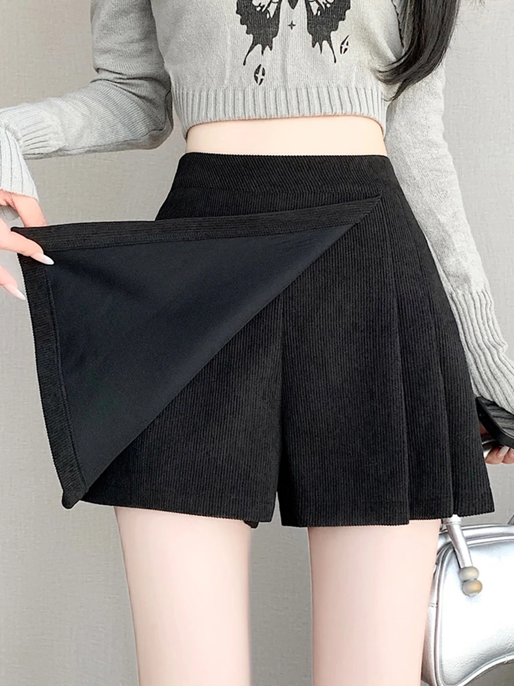 2025 겨울 코듀로이 스커트 반바지 여성 빈티지 플리츠 러플 반바지 루즈 와이드 레그 숏 팬츠 여성용 그레이 블랙 큐롯츠