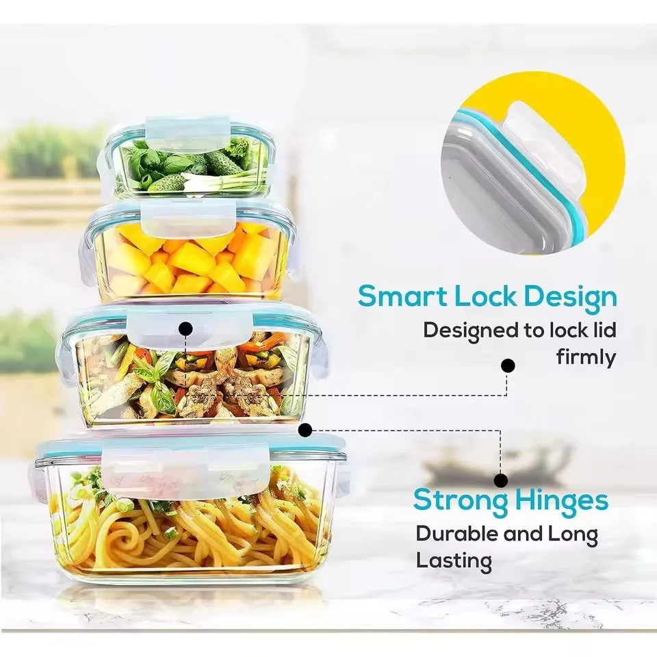 High Borosilicate Glass Lunch Box with Locking Lids Portable Bento Box Food Storage Containers for Microwave Oven and Dishwasher