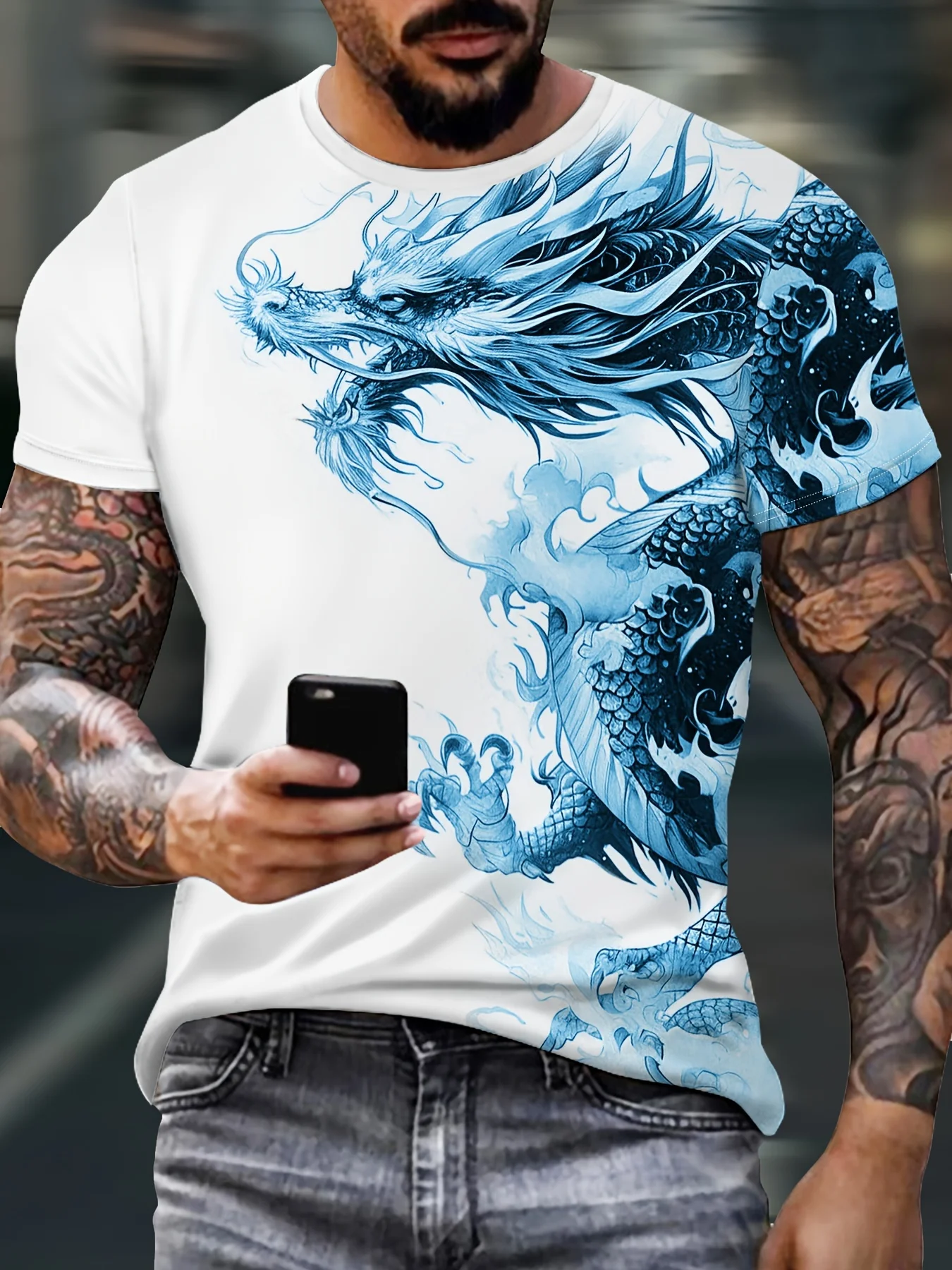 Men's Dragon Print T-Shirt Casual Breathable Fabric Graphic Tee Street Style Outdoor Fashion Short Sleeve Shirt Mens Tshirts