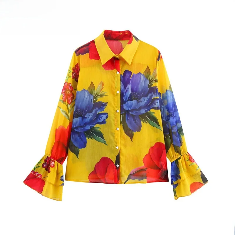 

ZBZR Spring New Faionable Simple Match Small Cro Flared Sve Printed Chiffon irt Women's Casual Loose Long Sve Pol...