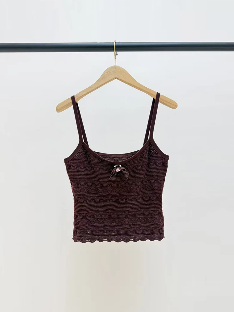 Self-portrait Summer Fashion Dark Brown Knitting Short Style Top Women's Spaghetti Strap O-Neck Detachable Butterfly-knot Tops