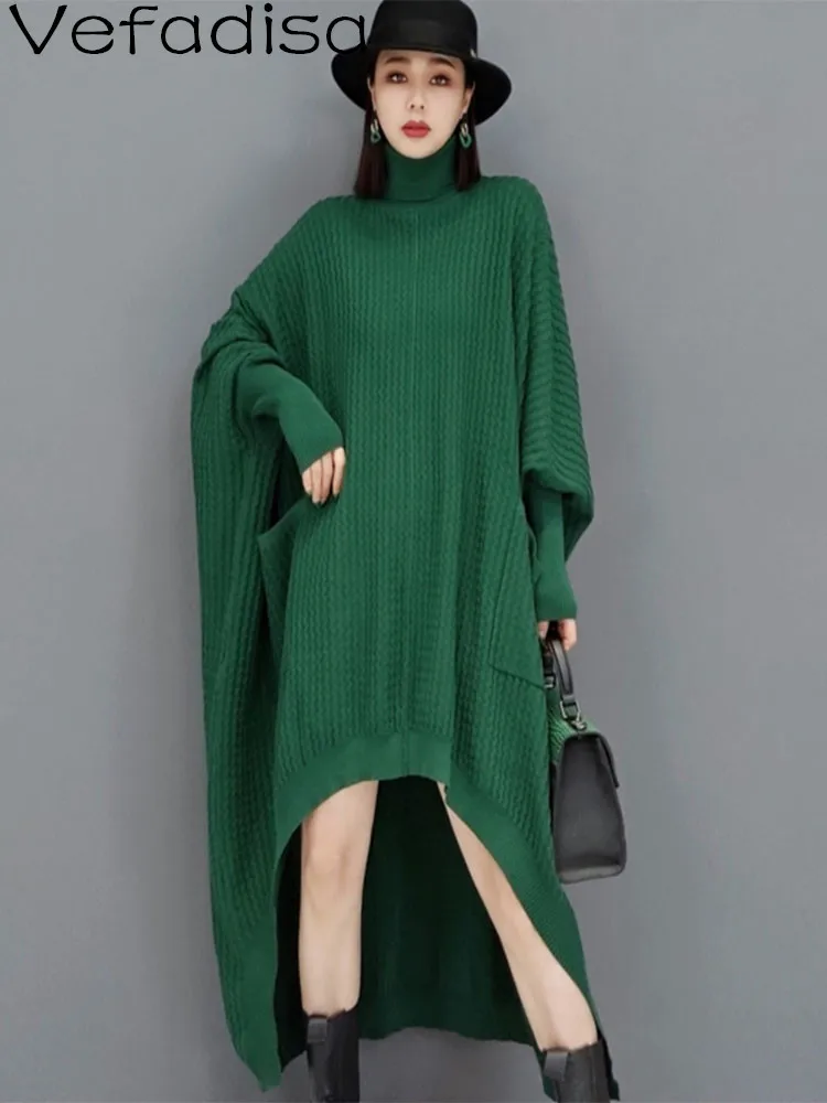 

Vefadisa 2024 Autumn/Winter New Green Women Sweater Dress Turtleneck Batwing Sleeve Irregular Dress Simple Elegant Dress ZXY761A