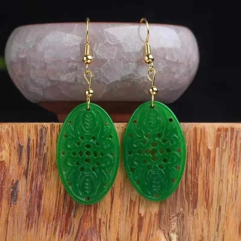 

925 Silver Natural Green Jade Hollow out DIY Earrings Charm Jewellery Fashion Accessories Hand-Carved Woman Luck Amulet Gifts