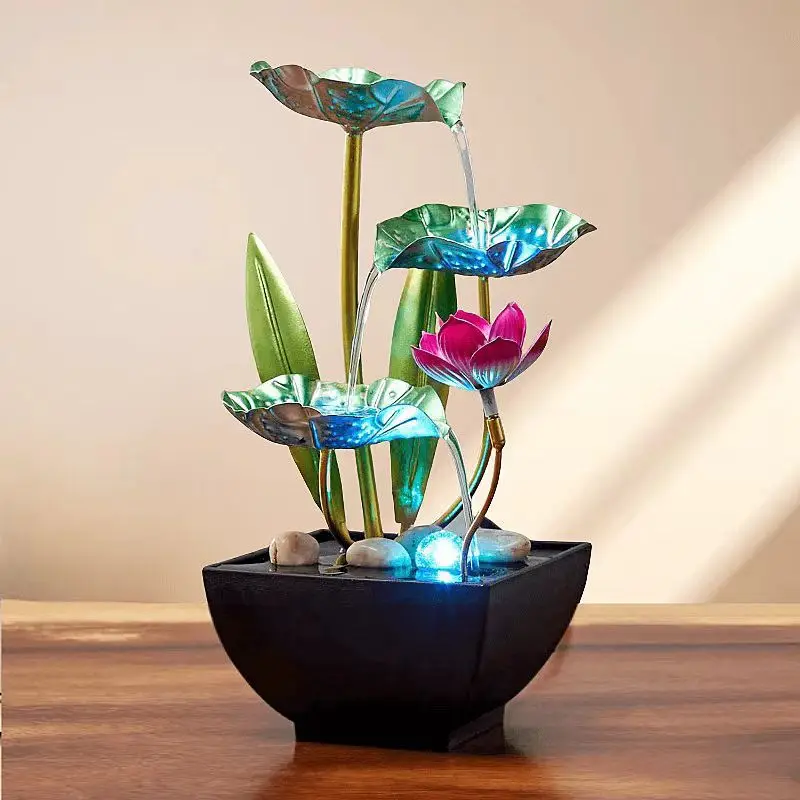 Innovative Modern Home Decor for Living Room Metal Circulated Water Flowing Water Effect Lotus Flowers Creative Home