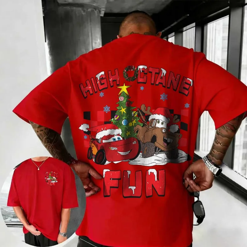 

2025-26 Summer Disney Cars Lightning McQueen Cartoon Pattern 100% Cotton Printed T-shirt Comfortable Breathable Men's Clothing