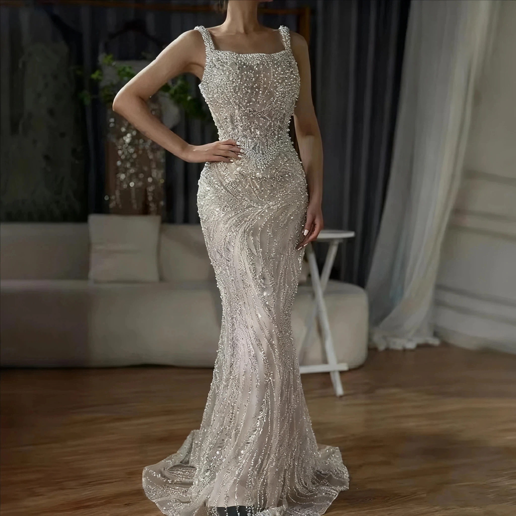 

Customized Luxurious Sparkling Mermaid Lace Beaded Women's Wedding Dress Sexy Square Collar Ball Bridal Dress Vestido De Novia