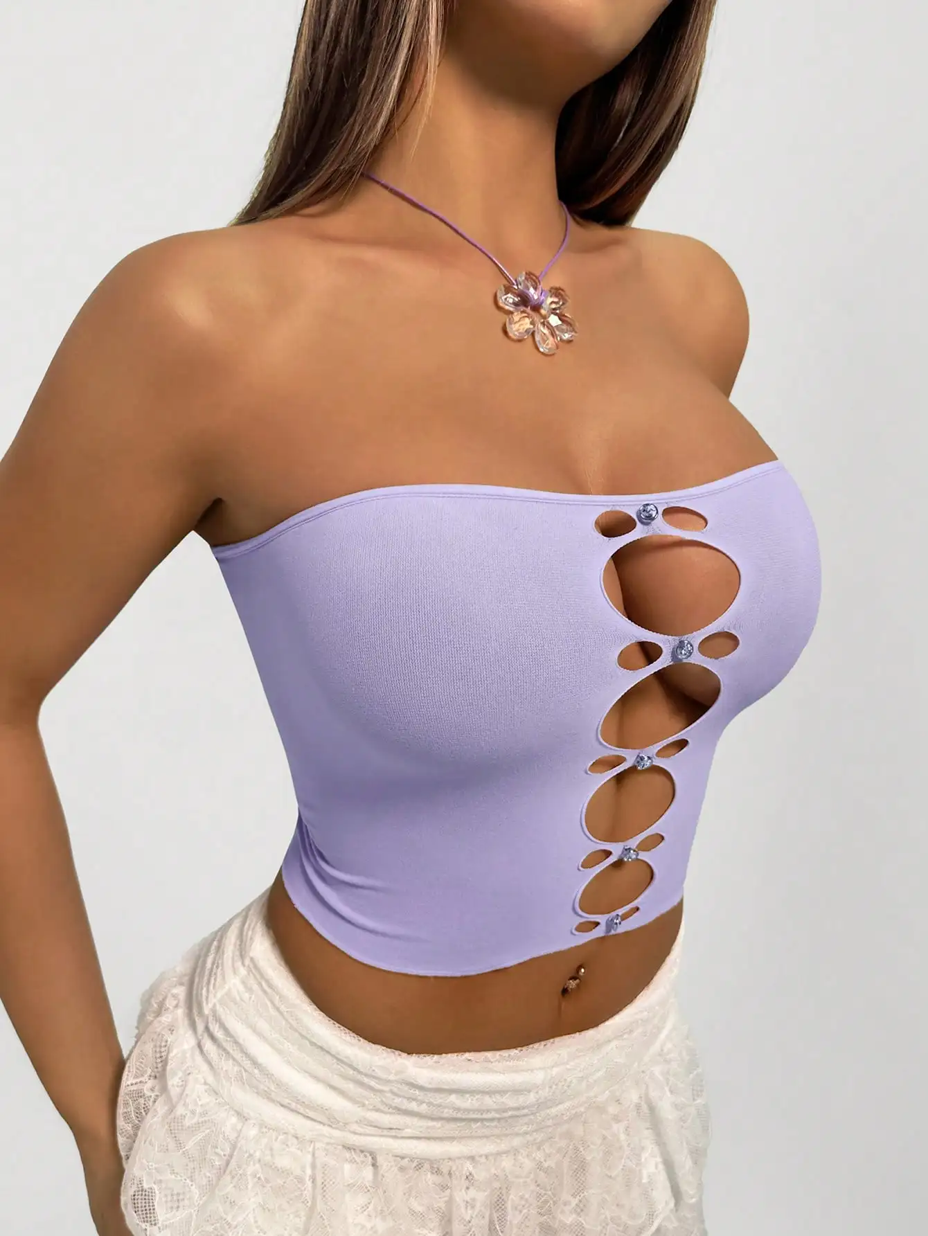 Purple Rhinestone Hollow Bandeau Top, Sexy Fitted Y2K, Summer Club Strapless Crop Top for Women