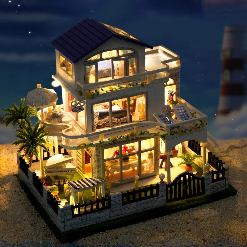 NOWOŚĆ DIY Drewniana mini willa nad morzem Miniaturowe zestawy do budowania Domki dla lalek z meblami Domki dla lalek Casa dla przyjaciół Prezenty urodzinowe