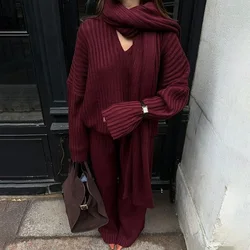 Elegant Burgundy Knitted Suit For Women Long Sleeve Solid Casual Women Coat Pant Suits 2024 Communt New Lady Knit 2 Pieces Suits