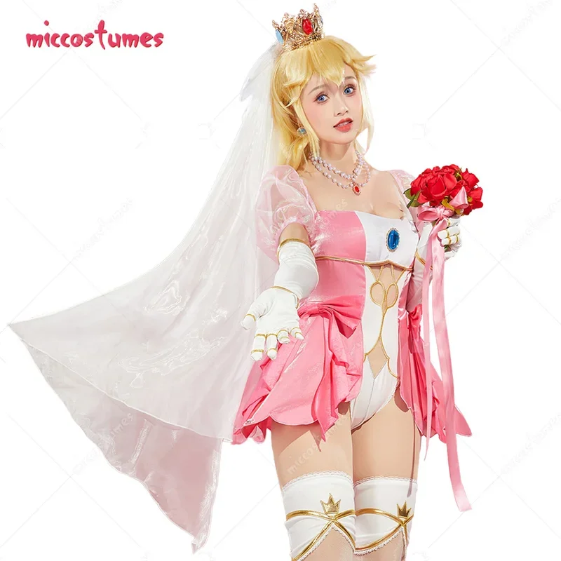 

Miccostumes x Mobbunny x Bride Peach Wedding Cosplay Costume Suit Pink Sexy Bridal Bodysuit with Veil Stockings