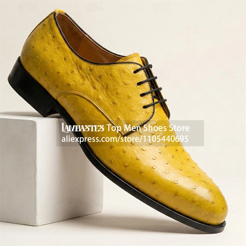 Yellow Ostrich Print Lace up Oxford Dress Shoes Embossed Ostrich Grain Texture Leather Shoes Luxury Style Formal Leather Shoes