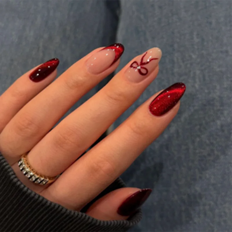 Wearable Press On Nails With Bow And Pearl Starlight Almond Design_voghion.com