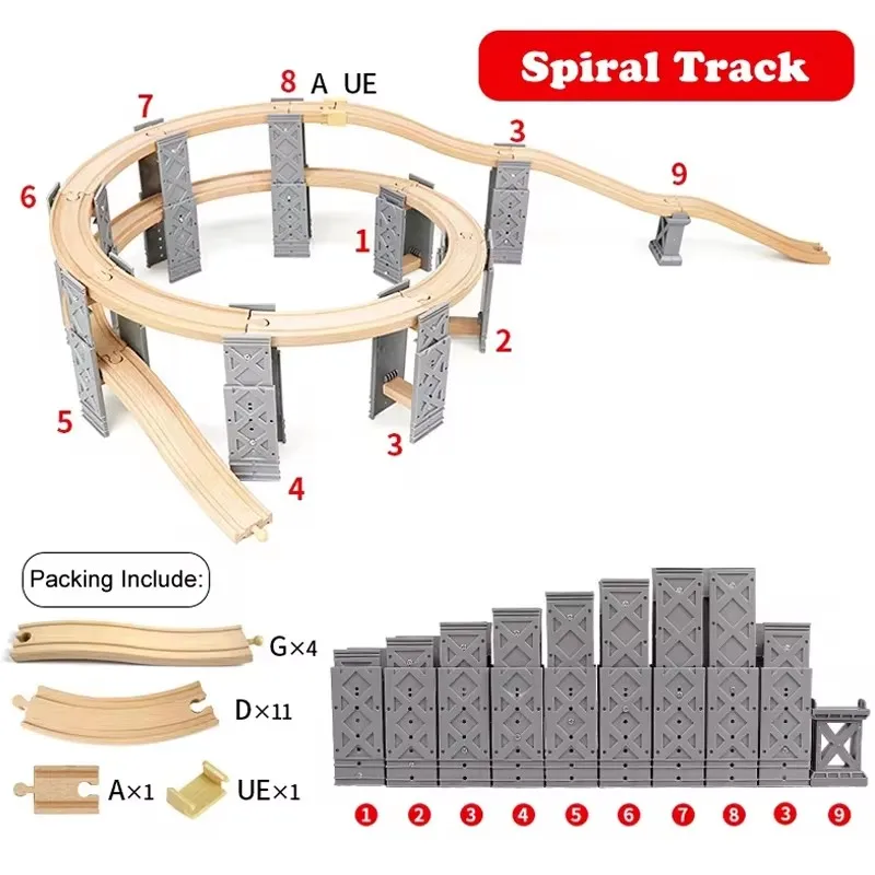 26pcs Wooden Train Tracks Accessories Wood Spiral Tracks with Plastic Bridge Piers Wood Track Toys for Children Gifts