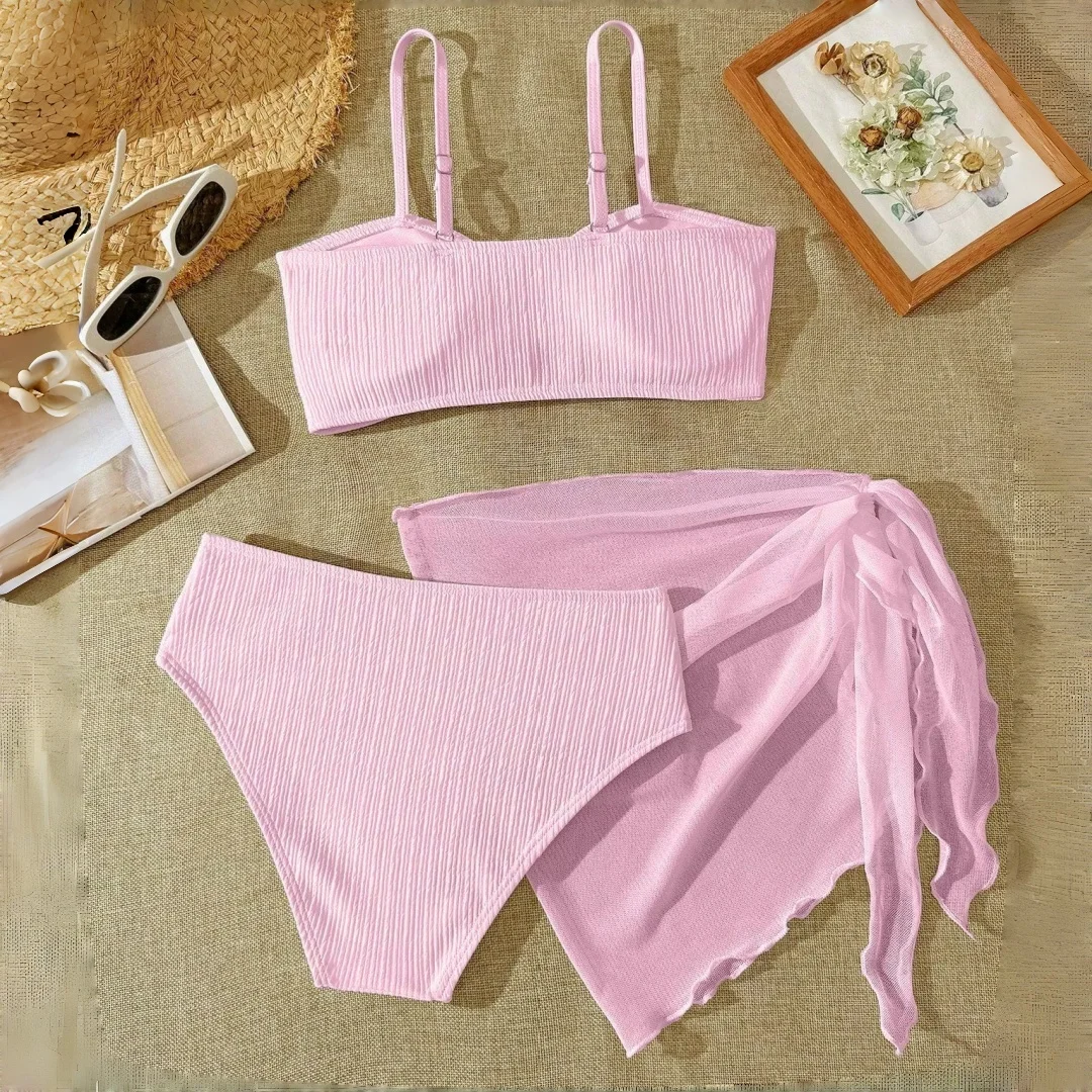 

Three-Piece Swimsuits for Girls Solid Color Adjustable Shoulder Straps For Beach Outings Girl's Hot Summer Swimwear Bathing Suit