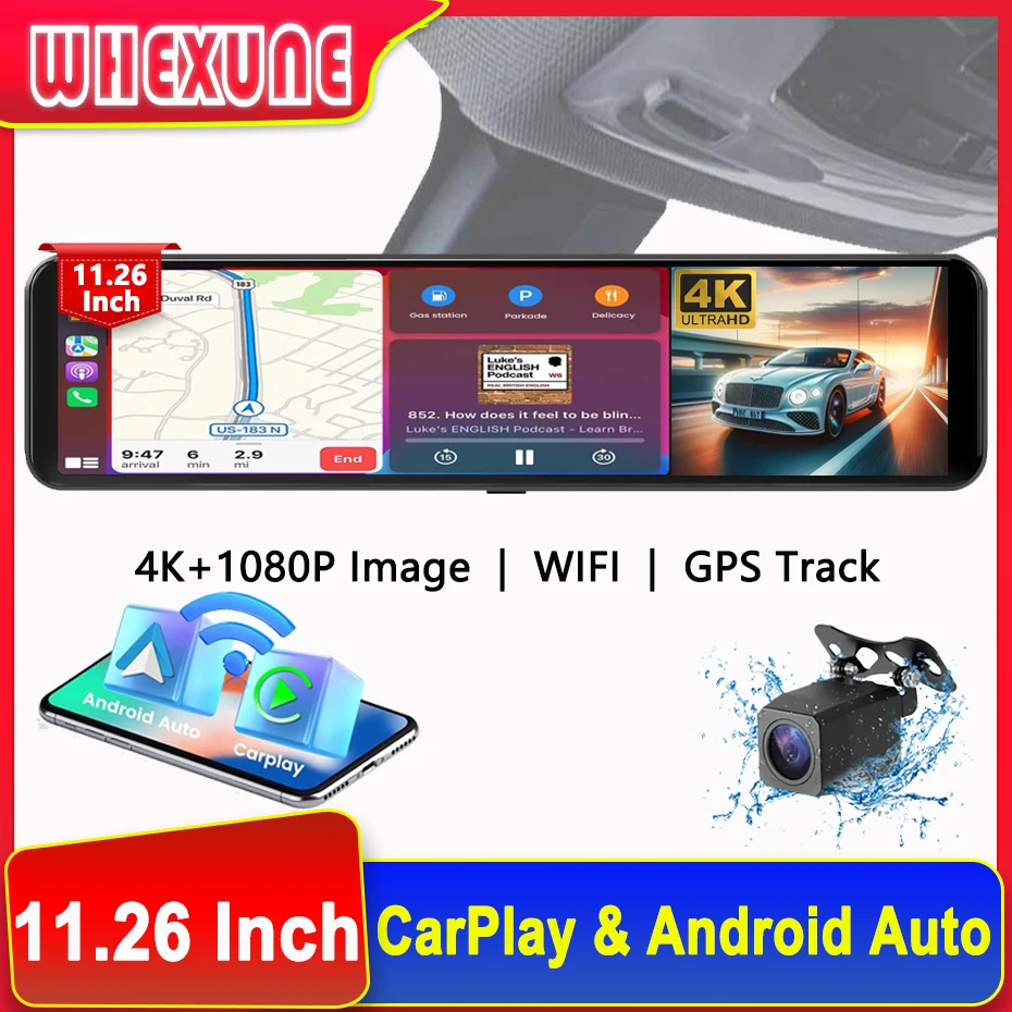 

11.26" 4K 2160P Car Dvr Carplay Android Auto Dash Cam GPS WIFI BT FM Stream Rear View Mirror Dashcam Dvrs Camera Drive Recorder