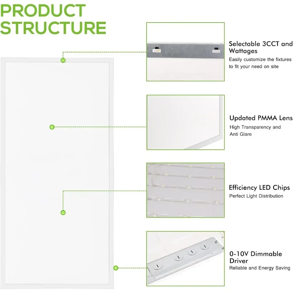 Confezione da 6 luci troffer a schermo piatto LED da 2x4 piedi, 40/50/60 W, luci da ufficio a soffitto a caduta selezionabili CCT, 115LM/W, 0-10 V dimmerabili