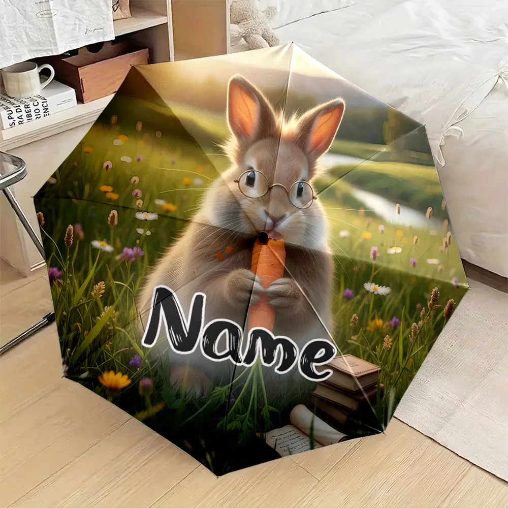 Custom Name Umbrella, Adorable Rabbit in Glasses Eating Carrot Umbrella Folding Umbrella for Sunny and Rainy,Gift