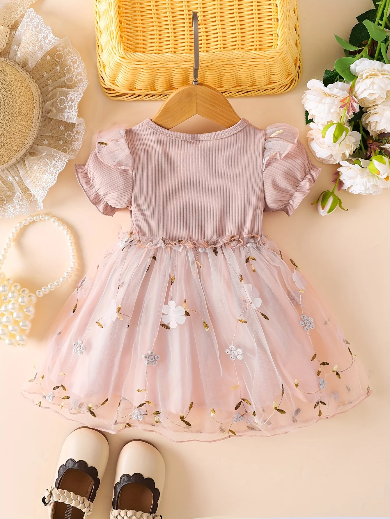 Baby Girl's Summer Lace Princess Dress Pure Color Embroidered Butterfly Knot Dress Infant Clothing