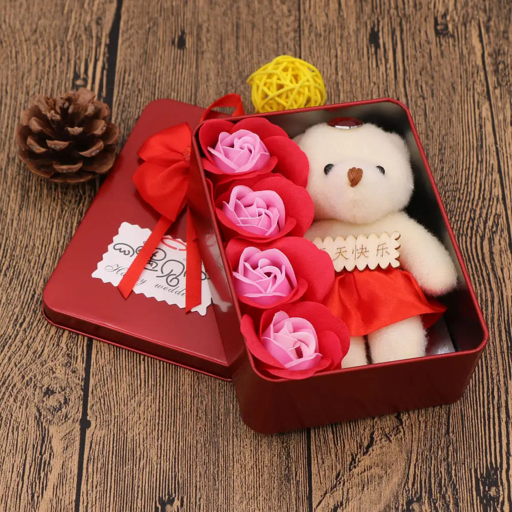 4pcs Scented Soap Flower Gift Rose Box Bouquet Holiday Gift Girl Artificial Flower Wedding Valentine's Day Decoration