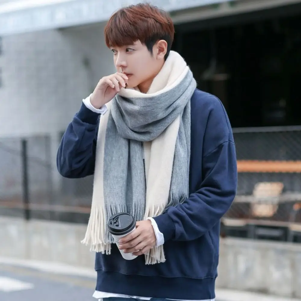 Korean Style Men Cashmere Scarf Thickened Splicing Color Long Wool Tassel Scarf Windproof Warm Winter Neckerchief Women/Male