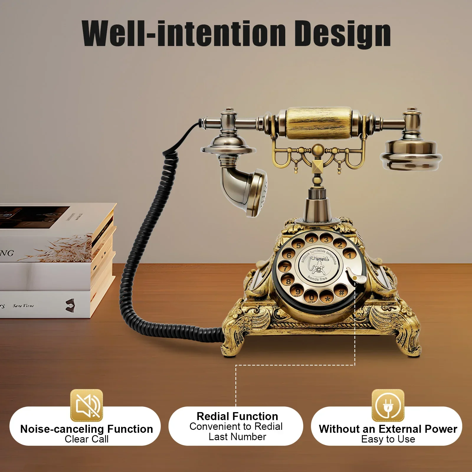 

Retro Antique Home Landline Phone, Vintage Desktop Telephone with Dial, Retro Phone Suitable for Office and Café
