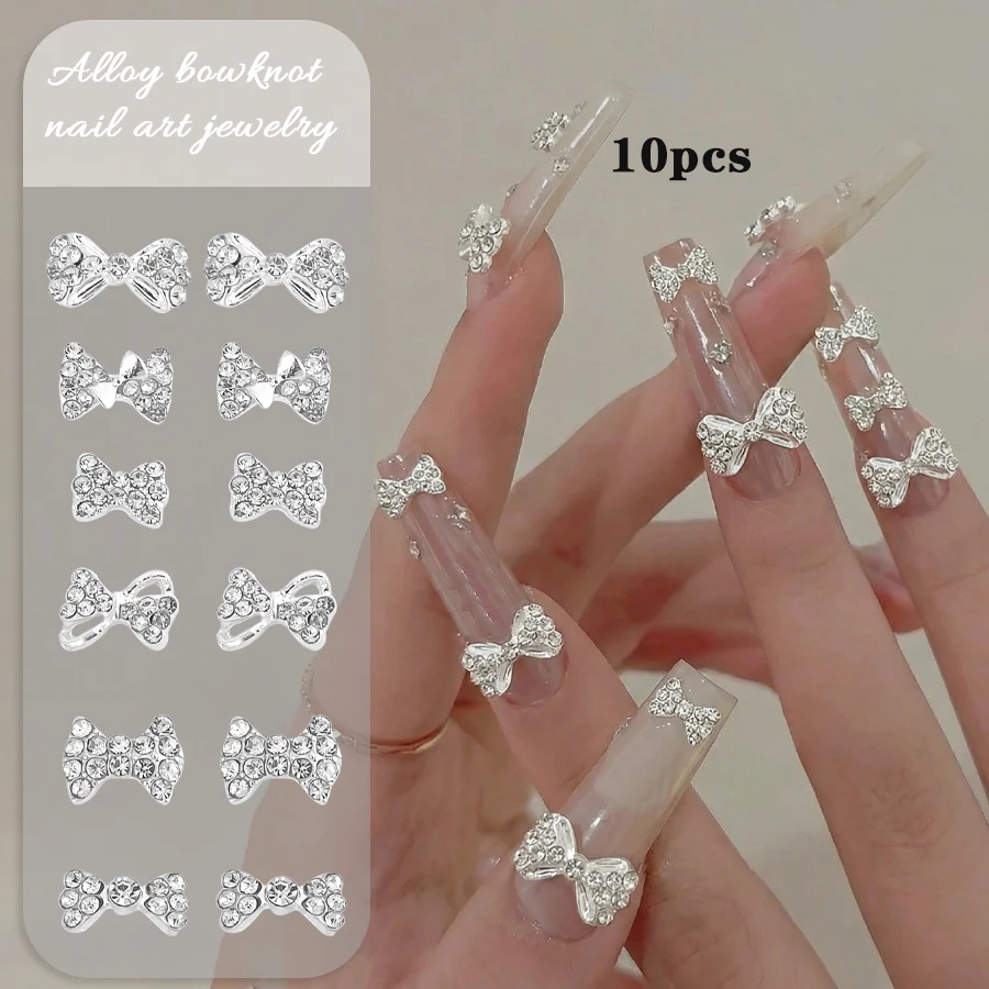 SANANIE 10PCS Shiny White Rhinestone Bow Nail Art Charms 3D Classic Sliver Alloy Butterfly Nails Decoration Manicure Supplies 2
