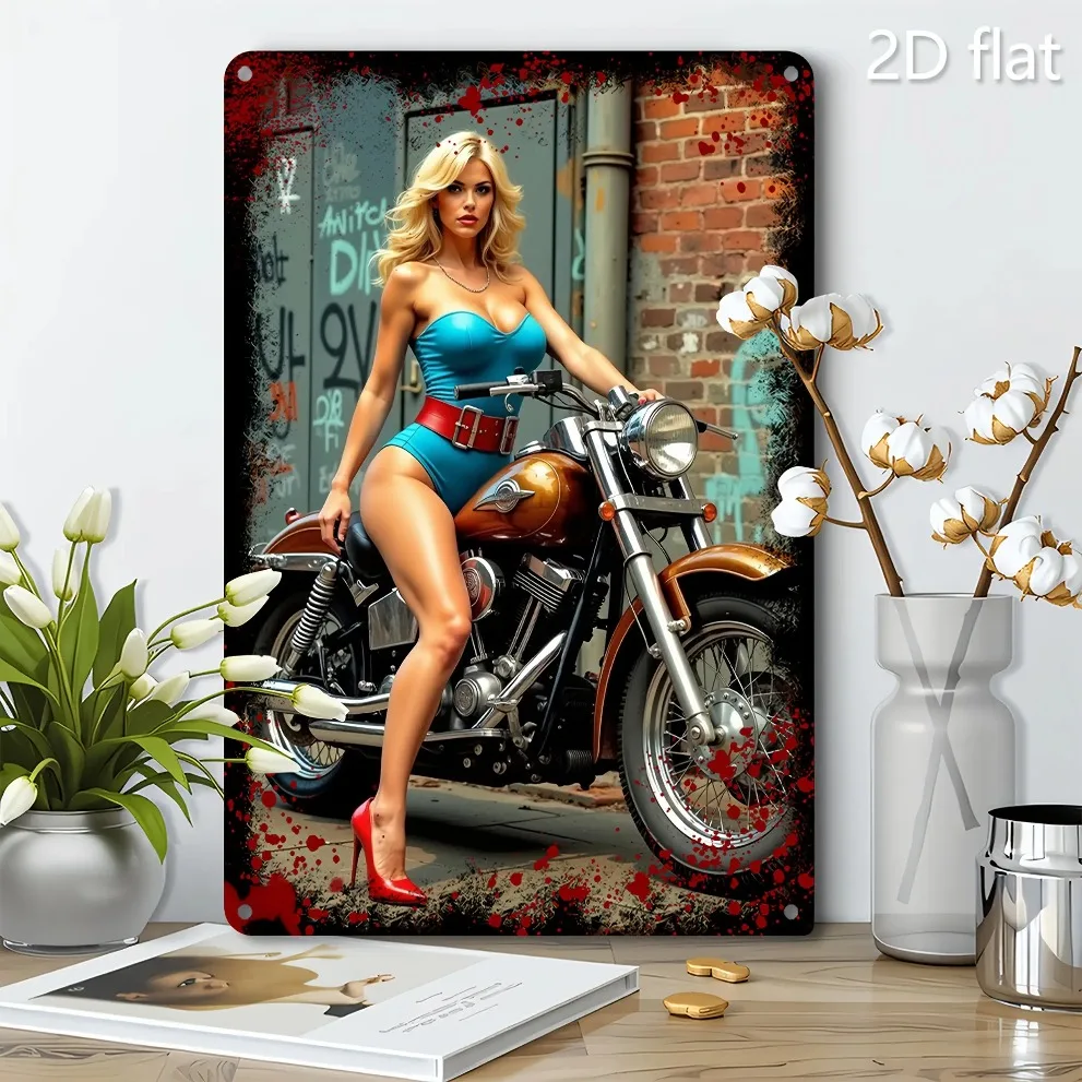 

Vintage metal wall art: 8"x12" blue-skirt girl on motorcycle with graffiti background. Handcrafted for indoor/outdoor decor in h