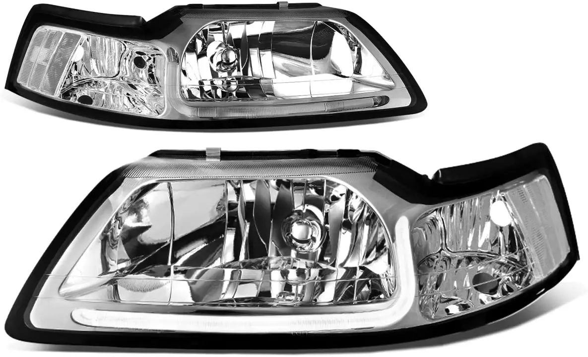 Sulinso for 2PCS HL-LB-FM99-CH-CL1 Pair LED DRL Headlights Compatible For 99-04 Mustang, Chrome/Clear