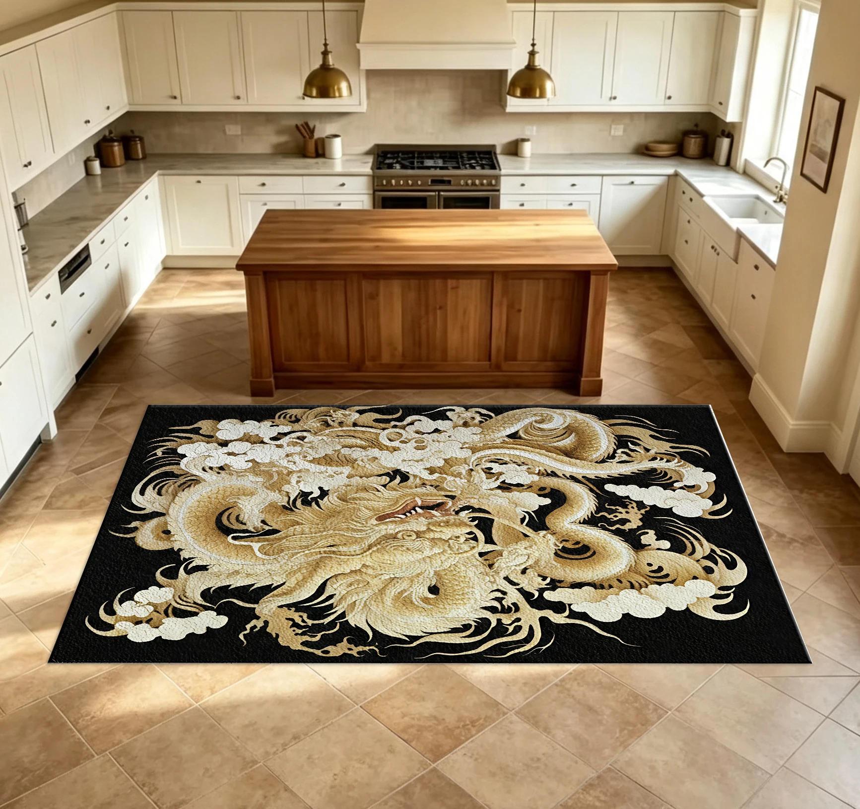 Traditional Chinese Dragon Pattern Printed Carpet, Retro Oriental Style Non-Slip Floor Mat, Suitable for Home Living Room and Bedroom Decoration