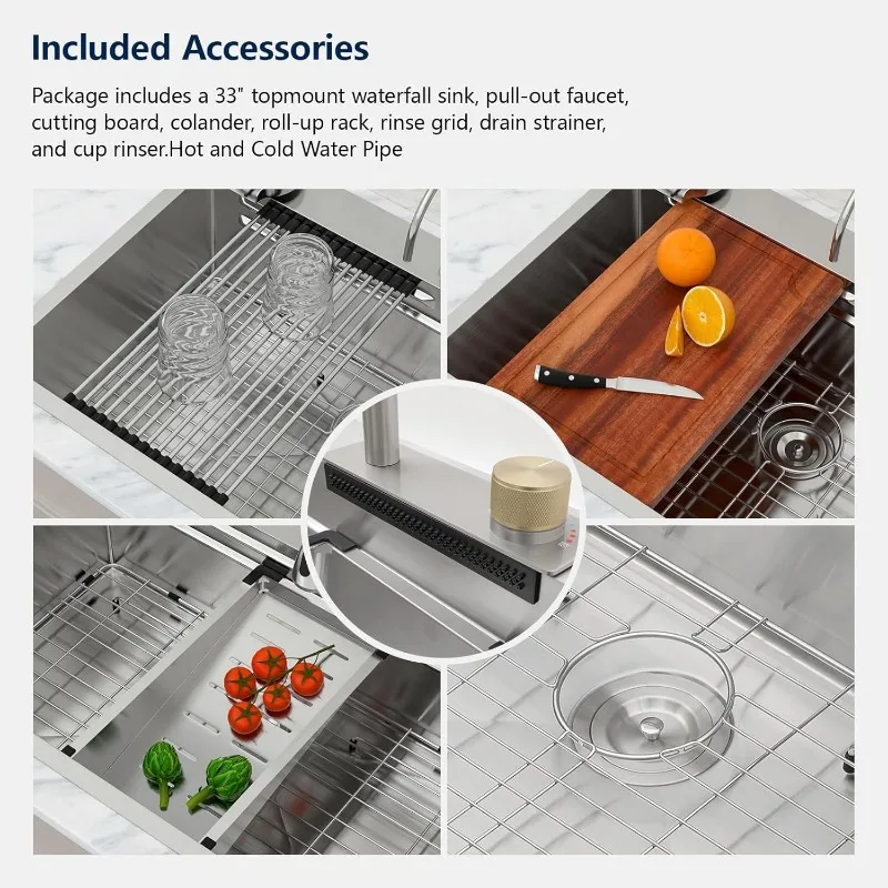 Logmey 33 Drop In Waterfall Kitchen Sink 33x22 Inch 16 Gauge Stainless Steel Single Bowl Workstation Kitchen Sinks