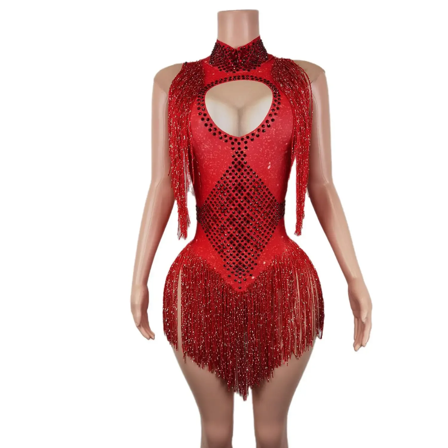 Sexy Kwast Sprankelende Kralen Pailletten Festival Kostuum Eendelig Vrouwen Feest Prom Nachtclub Outfit Bodysuit Podium Jumpsuit