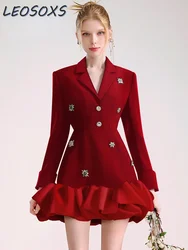 Luxury Rhinestone Red Dress Blazer for Women Autumn and Winter Elegant Design Organza Stitching Black Dress Suit Office Ladies