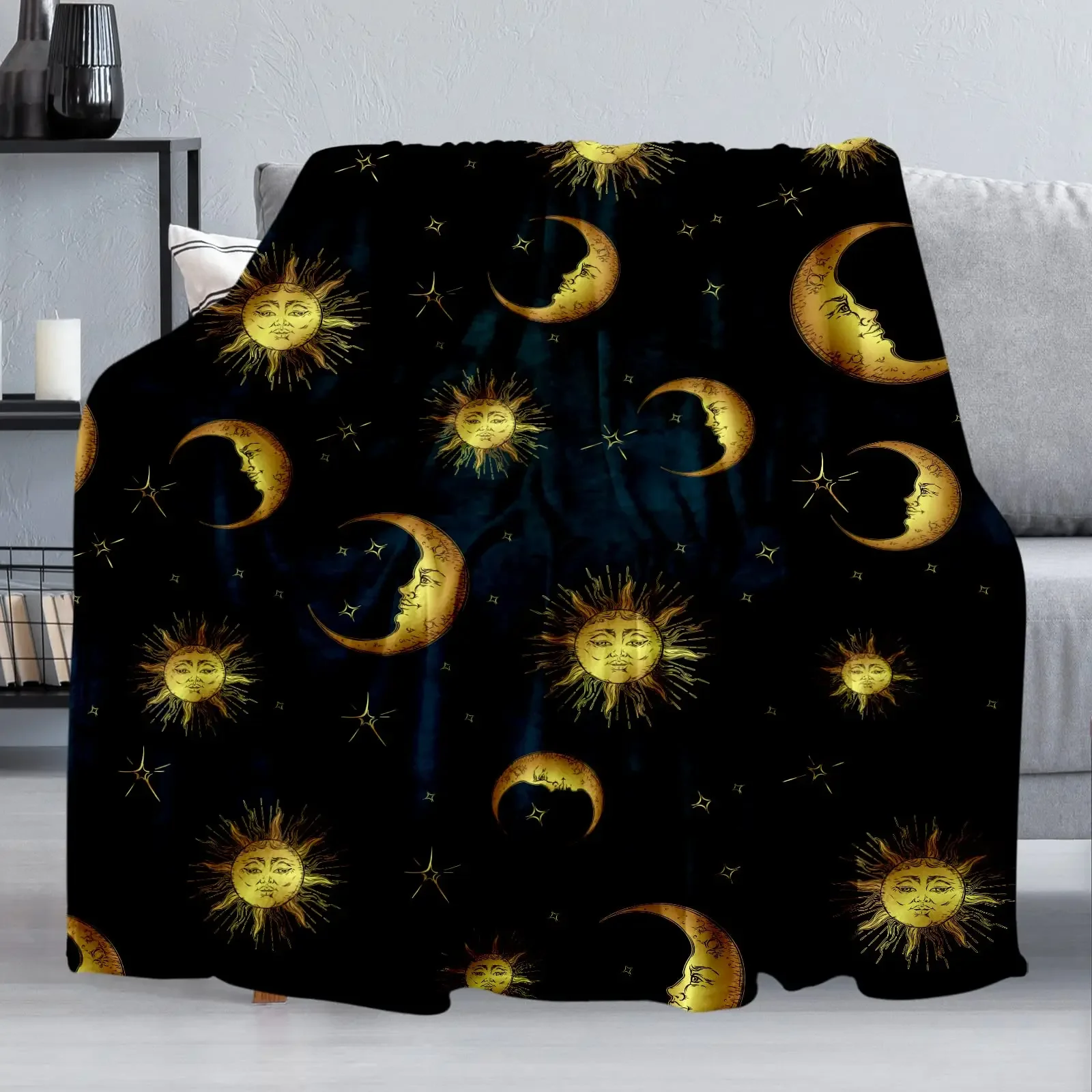 Flannel Throw Blankets Boho Chic Golden Sun Moon and Stars Blue Black Sky Antique Blankets Lightweight Luxury Blanket,Couch Bed